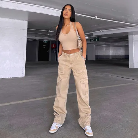 Damen Denim Cargohose Kontrastnähte Mehrere Taschen Gerades Bein Casual Jeans Hohe Taille Halbelastische Cargohose