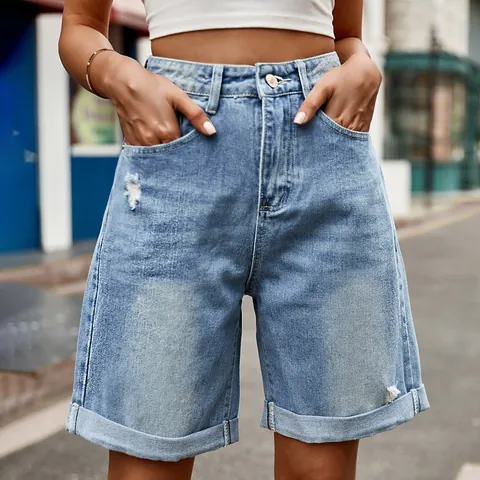 Short en Jean Bermuda pour Femme Décontracté Taille Haute Déchiré Imprimé Léopard Broderie Cœur Streetwear