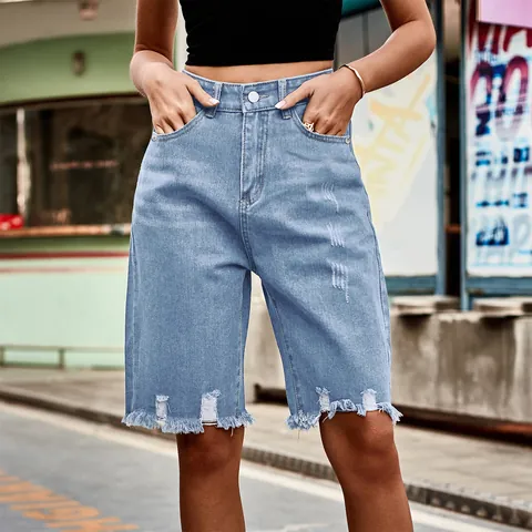 Women High Waisted Denim Bermuda Shorts Distressed Ripped Jeans Frayed Hem Tassel Raw Edge Streetwear Casual Bottoms