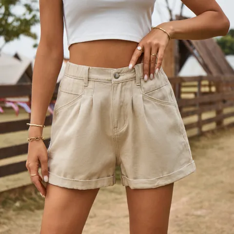 Short en Jean Élastique à Taille Haute pour Femmes Été Décontracté Ourlet Retroussé Cargo Jeans Short Streetwear en Denim