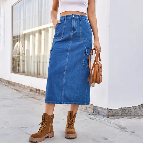 Women Denim Cargo Midi Skirt High Waist Washed Blue Pockets Back Slit Streetwear Casual Cotton Jeans Straight Long Skirt