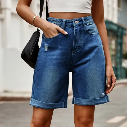 Short en Jean Bermuda pour Femme Décontracté Taille Haute Déchiré Imprimé Léopard Broderie Cœur Streetwear