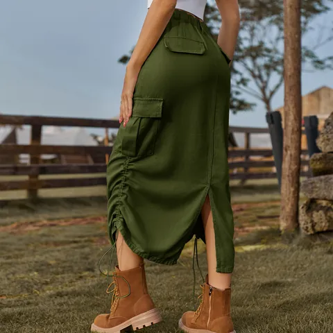 Women American Style Cargo Denim Skirt Drawstring Midi Skirt With Pockets Washed Casual Streetwear Skirt For Women