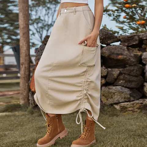 Women High Waisted Cargo Denim Midi Skirt With Pockets And Adjustable Drawstring Streetwear Casual Stone Washed Straight Skirt