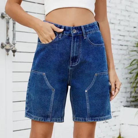 Bermudas de Mezclilla Lavada de Talle Alto para Mujer Pantalones Cortos Cargo con Bolsillos y Bucle de Martillo