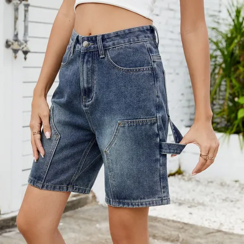 Bermudas de Mezclilla Lavada de Talle Alto para Mujer Pantalones Cortos Cargo con Bolsillos y Bucle de Martillo