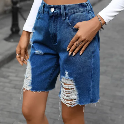 Women Retro Distressed Denim Bermuda Shorts Summer Mid Rise Raw Hem Straight Leg Streetwear Casual Jean Shorts Bottoms