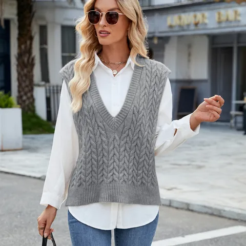 Women Vests Retro Cable Knit V Neck Sleeveless Sweater Top Casual Loose Pullover Vest For Women Acrylic Knitted Tops