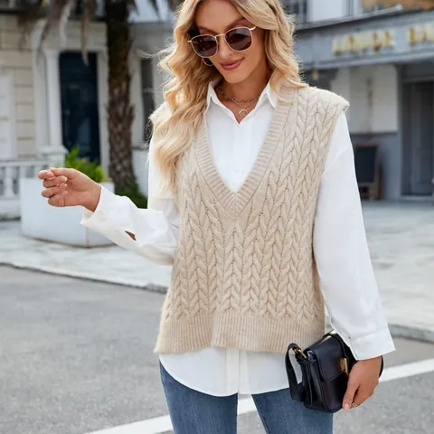 Women Vests Retro Cable Knit V Neck Sleeveless Sweater Top Casual Loose Pullover Vest For Women Acrylic Knitted Tops