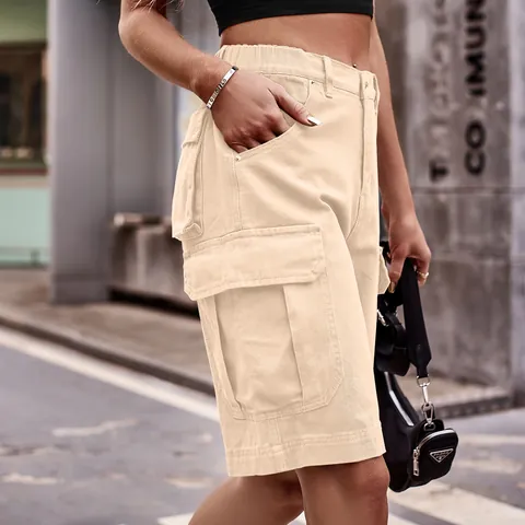 Women's Denim Cargo Shorts 2023 Summer Streetwear High Waisted Five-Point Short Pants With Multi Pockets Enzyme Washed Bottom