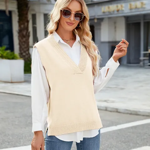 Women V Neck Knit Vest Sleeveless Acrylic Pullover Sweater Ribbed Trim Casual Waistcoat Streetwear Solid Color Slit Hem Top