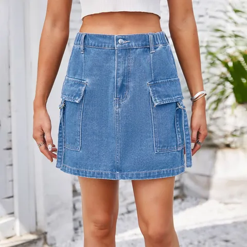 Jupe Mini en Denim Cargo à Taille Haute pour Femmes Jupe Courte Droite Délavée avec Poches Cargo Anneau en D Streetwear