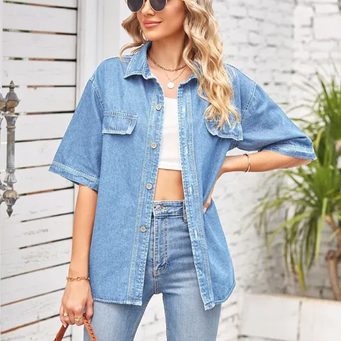 Camicia di Denim a Maniche Corte da Donna Casual Monopetto Vestibilità Larga Rever Top in Denim Con Tasche Cargo