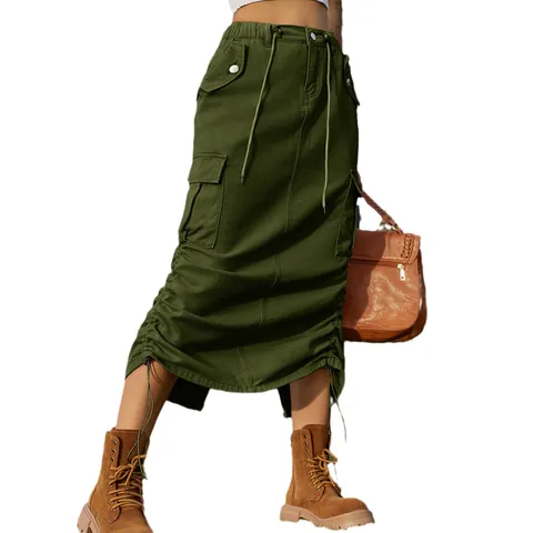 Women American Style Cargo Denim Skirt Drawstring Midi Skirt With Pockets Washed Casual Streetwear Skirt For Women