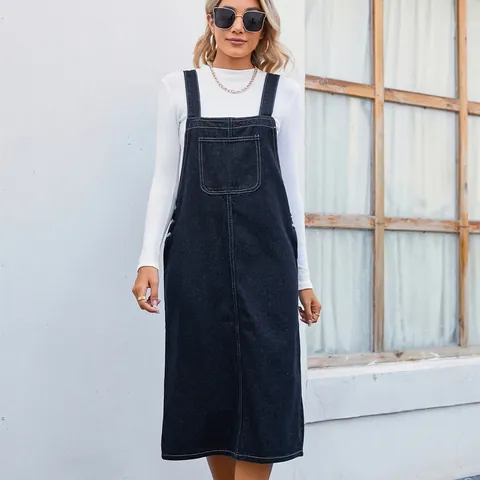 Women Denim Pinafore Dress Casual Solid Color Midi Length A-Line Skirt With Pockets Street Style Retro Blue Black Jeans Dress