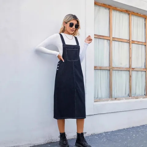 Women Denim Pinafore Dress Casual Solid Color Midi Length A-Line Skirt With Pockets Street Style Retro Blue Black Jeans Dress