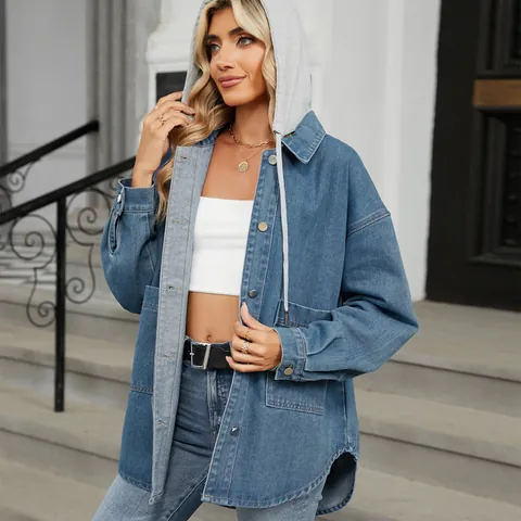 Women Washed Denim Jacket Hooded Long Sleeve Oversized Streetwear Distressed Outerwear Viscose Polyester Jean Top