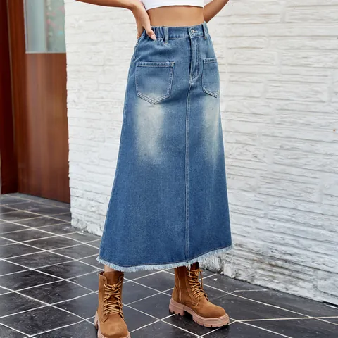 Women's Washed Frayed Hem Denim Midi Skirt Casual High Waist A-Line Long Jean Skirt With Pockets Streetwear