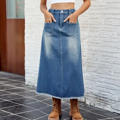 Women's Washed Frayed Hem Denim Midi Skirt Casual High Waist A-Line Long Jean Skirt With Pockets Streetwear