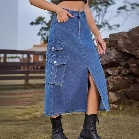 Women American Streetwear Denim Cargo Midi Skirt Elastic Waist High Slit Front Pockets Solid Casual Fashion Utility Skirt