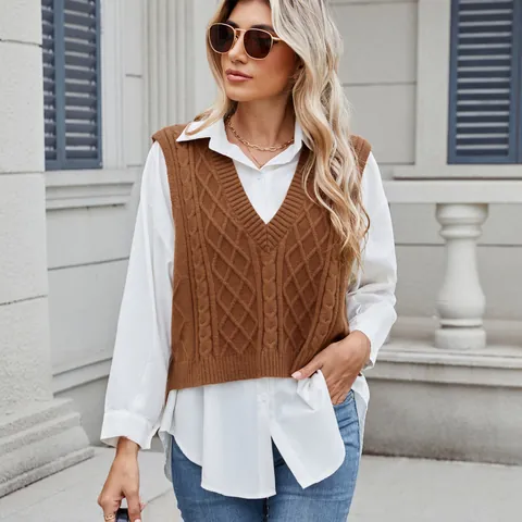 Women V-Neck Knitted Vest Sweater Casual Loose Cable Knit Sleeveless Pullover Top Acrylic Outerwear for Daily Streetwear