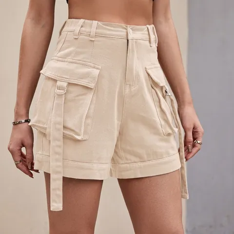 Women High Waist Cargo Denim Shorts Pockets D-Ring Ribbon Elastic Waist Casual Summer Streetwear Cotton Blend Shorts
