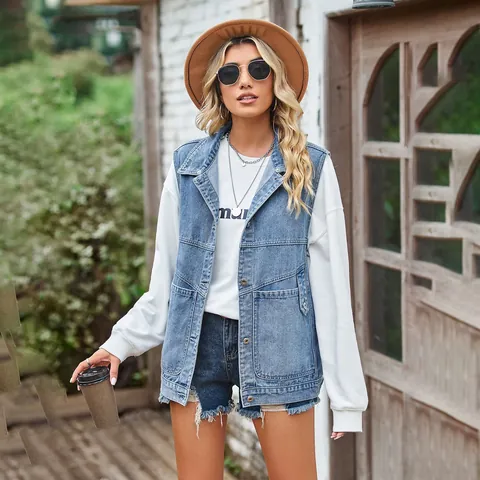 Damen Oversize Denim Weste Lässig Ärmellose Jacke Mit Taschen Locker Streetwear Weste Mittellang Denim Top