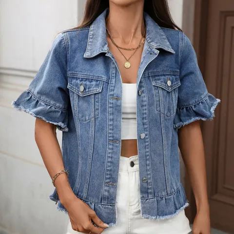 Women Washed Denim Short Sleeve Jacket Frayed Ruffle Hem Crop Outerwear Street Style Denim Coat With Functional Pockets