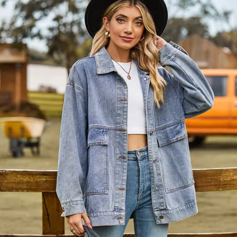 Dames Vintage Oversized Denim Jas Gewassen Katoen Spijkerjas Met Cargo Zakken Losse Pasvorm Lange Mouw Top