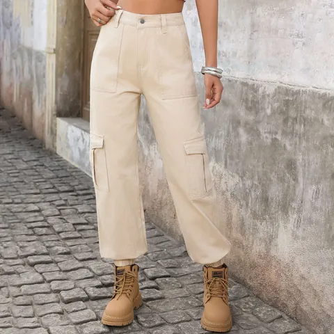 Women's Washed Cargo Jeans High Waist Multi Pockets Cuffed Jogger Denim Pants Casual Streetwear Trousers For Everyday Wear