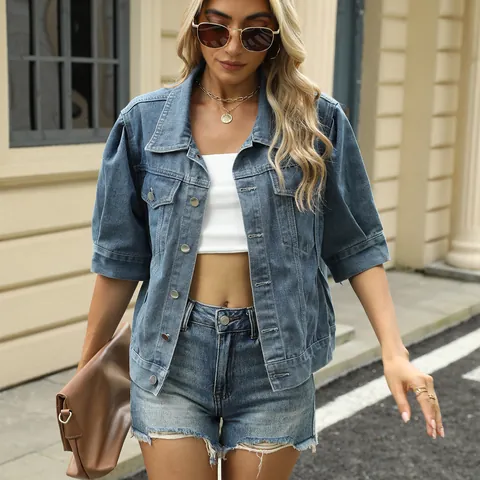 Damen Gewaschene Jeansjacke Lockere Kurzarm Revers Abgeknöpft Top Streetwear Casual Fashion Denim Oberbekleidung