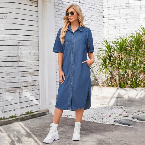Women Washed Denim Maxi Dress Short Sleeve Lapel Button Up Shirt Dress With Side Split Loose Fit Casual Summer Long Dress