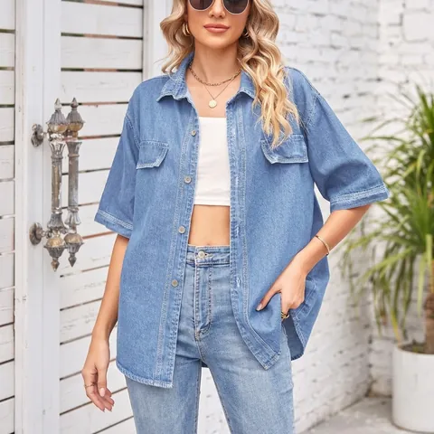 Camicia di Denim a Maniche Corte da Donna Casual Monopetto Vestibilità Larga Rever Top in Denim Con Tasche Cargo