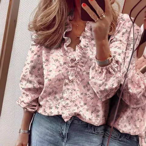 Women Ruffle Collar Blouse Long Sleeve Lantern Sleeve Polyester Printed Top Casual Office Shirts For Women Daily Wear