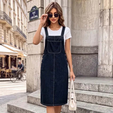Vintage Washed Denim Pinafore Dress For Women Retro Wide Strap Overall Skirt With Front Pocket Streetwear Cargo Midi Dress