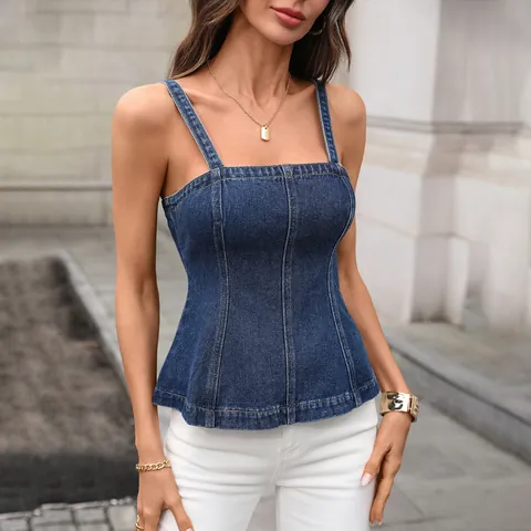 Top a Canotta in Denim da Donna Stile Corsetto Orlo a Peplo Cerniera Posteriore Slim Fit Scollo a Quadrato Gilet in Denim Streetwear