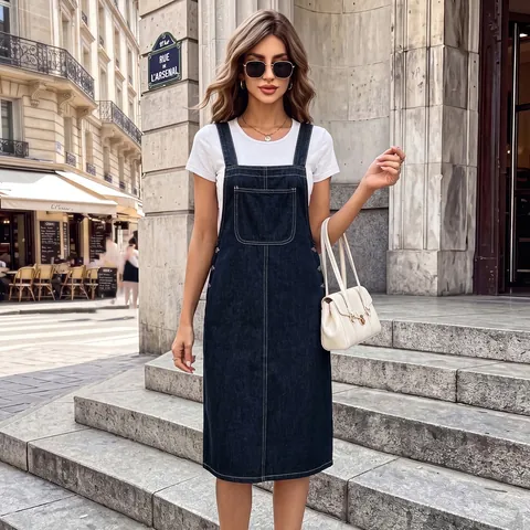 Vintage Washed Denim Pinafore Dress For Women Retro Wide Strap Overall Skirt With Front Pocket Streetwear Cargo Midi Dress