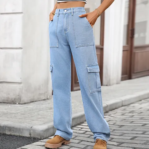 Women's Washed Denim Cargo Pants High Waist Multi-Pocket Straight Leg Casual Streetwear Trousers Fashion Outdoor Jeans