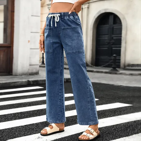 Women High Waist Wide Leg Denim Jeans Washed Drawstring Elastic Waist Casual Streetwear Trousers with Large Patch Pockets