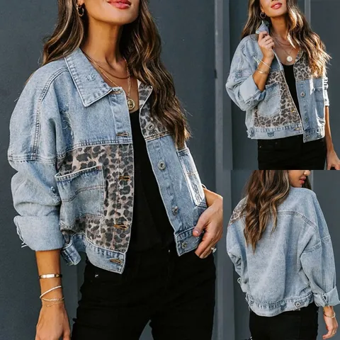 Women Fashion Leopard Snakeskin Print Patchwork Distressed Denim Jacket Casual Ripped Buttons Long Sleeve Lapel Outerwear Top