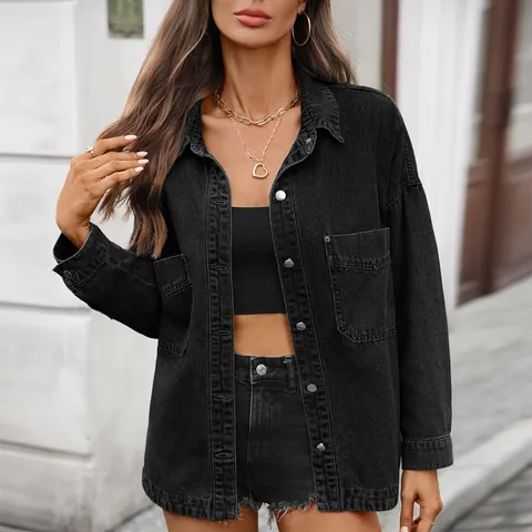 Women Retro Washed Denim Shirt Long Sleeve Oversized Casual Button Down Top With Split Hem Early Autumn Streetwear Polyester Blouse