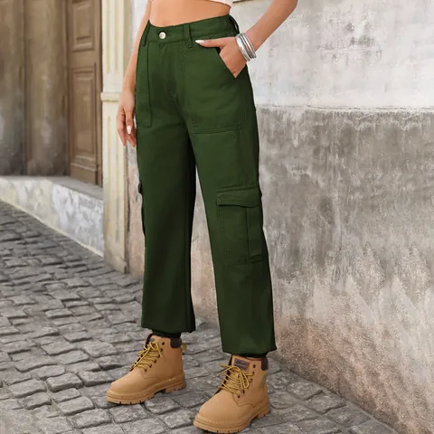 Women's Washed Cargo Jeans High Waist Multi Pockets Cuffed Jogger Denim Pants Casual Streetwear Trousers For Everyday Wear