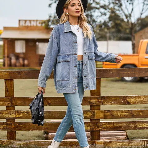 Dames Vintage Oversized Denim Jas Gewassen Katoen Spijkerjas Met Cargo Zakken Losse Pasvorm Lange Mouw Top