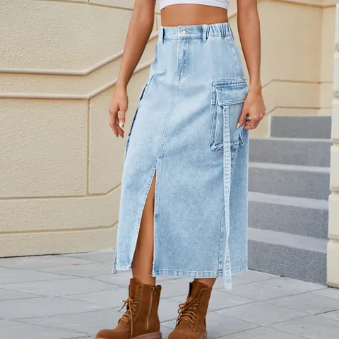 Women's Streetwear Washed Denim Cargo Midi Skirt With Drawstring Pockets And Slit Elastic Waist Casual Long Jean Skirt For Women