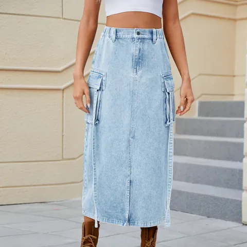 Women's Streetwear Washed Denim Cargo Midi Skirt With Drawstring Pockets And Slit Elastic Waist Casual Long Jean Skirt For Women