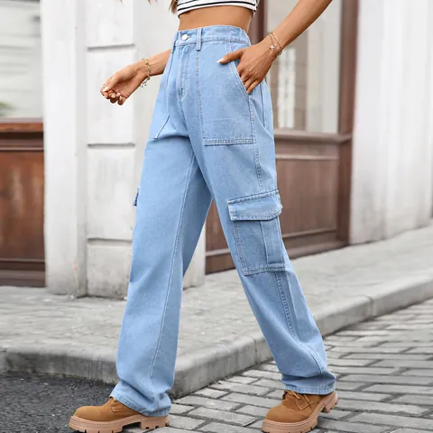 Women's Washed Denim Cargo Pants High Waist Multi-Pocket Straight Leg Casual Streetwear Trousers Fashion Outdoor Jeans