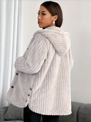 Women Casual Striped Plush Hooded Jacket With Buttons Autumn Winter Warm Loose Mid-Length Cardigan Coat