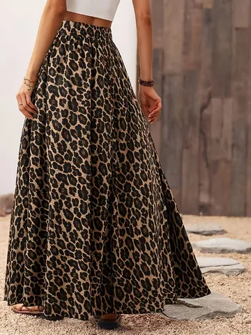 Women Leopard Print Midi Skirt Casual High Waist A-Line Skirt Elastic Vacation Beach Skirt Polyester Spandex Long Skirt