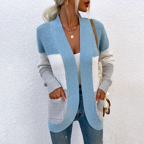 Women Color-Block Knit Cardigan Loose V-Neck Sweater Mid-Length Acrylic Jacket with Curved Large Pockets Fall Winter Top
