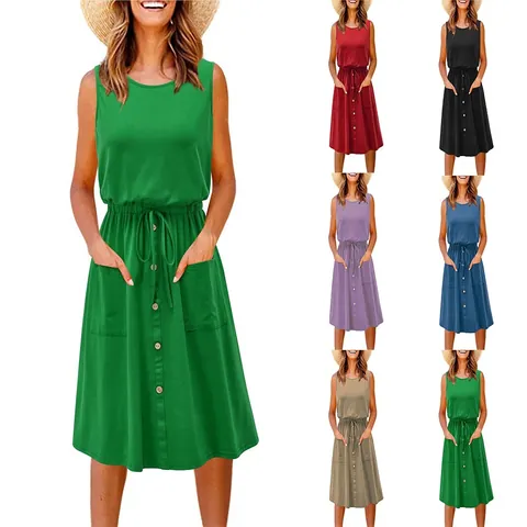 Women's Casual Sleeveless Vest Dress Round Neck Drawstring Waist With Pockets Buttons Summer Loose Polyester Midi Dress